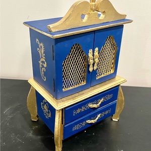 Blue and Gold Painted Vintage Glam Jewelry Music Box